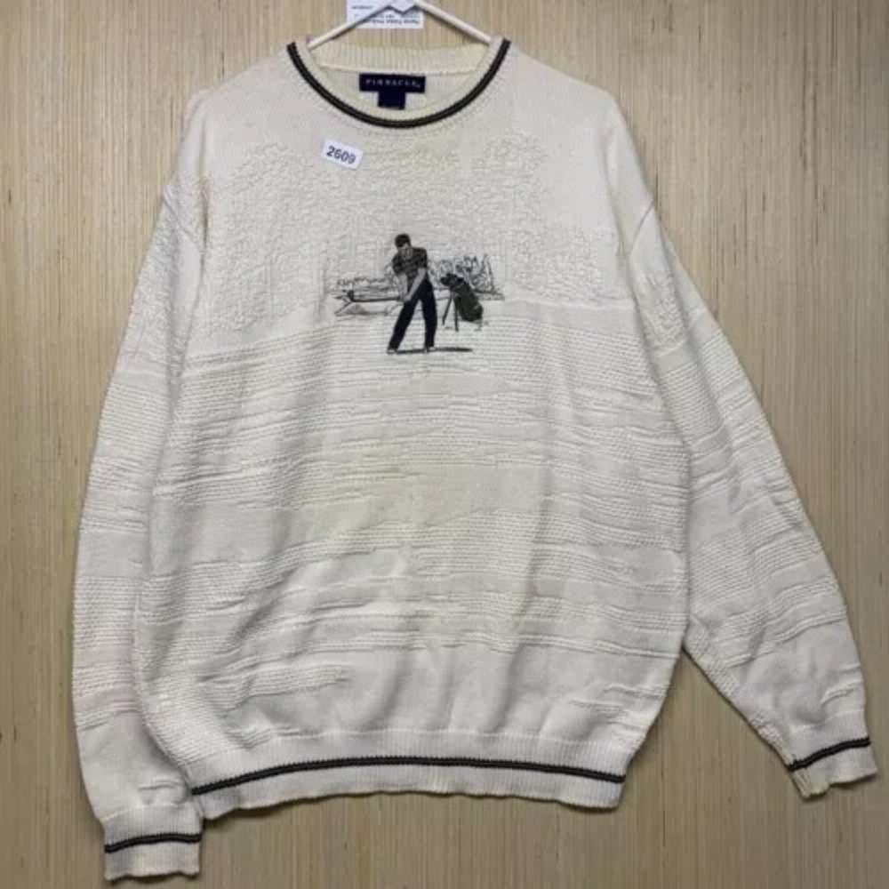 Vintage Pinnacle Sweater Adult Large White Long Sleeve Mens Golf Embroidered Y2K